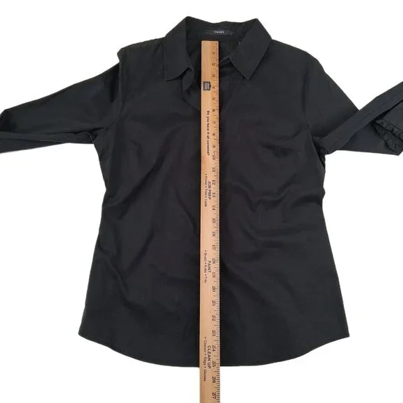 Tahari Black Button Front Shirt French Cuffs Pick Stitch Tailored Stretch SZ M - Picture 10 of 13